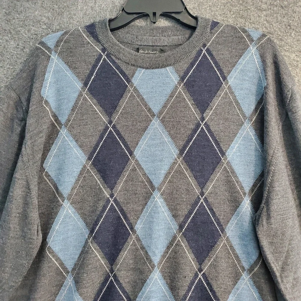 John W Nordstrom Sweater Mens XL Gray Argyle Extra Fine Merino Wool Italy EUC